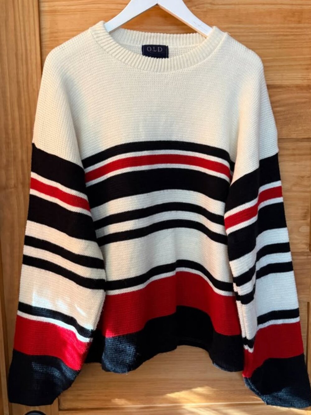 Vintage Old Glory Cream Black Red Striped Crew Sweater Adult size L